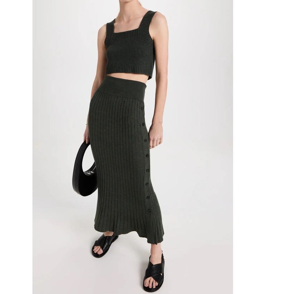 Lisa Yang Katie Skirt Side Button Long Tulip Hem Ribbed Cashmere Moss Size 1 S/M